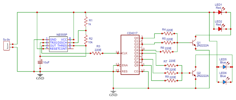 Flashing Police Light LED Effect using 555 Timer Circuit