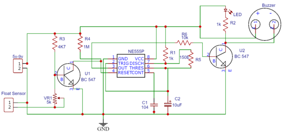 Circuit Water Level Alert using Float Sensor & 555 Timer